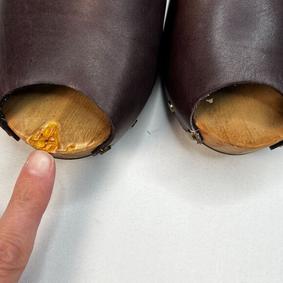 Lisa B Peep Toe Clogs Low Wood Heel Chocolate Brown Leather 40 Boho US 8.5 / 9 - Picture 13 of 13